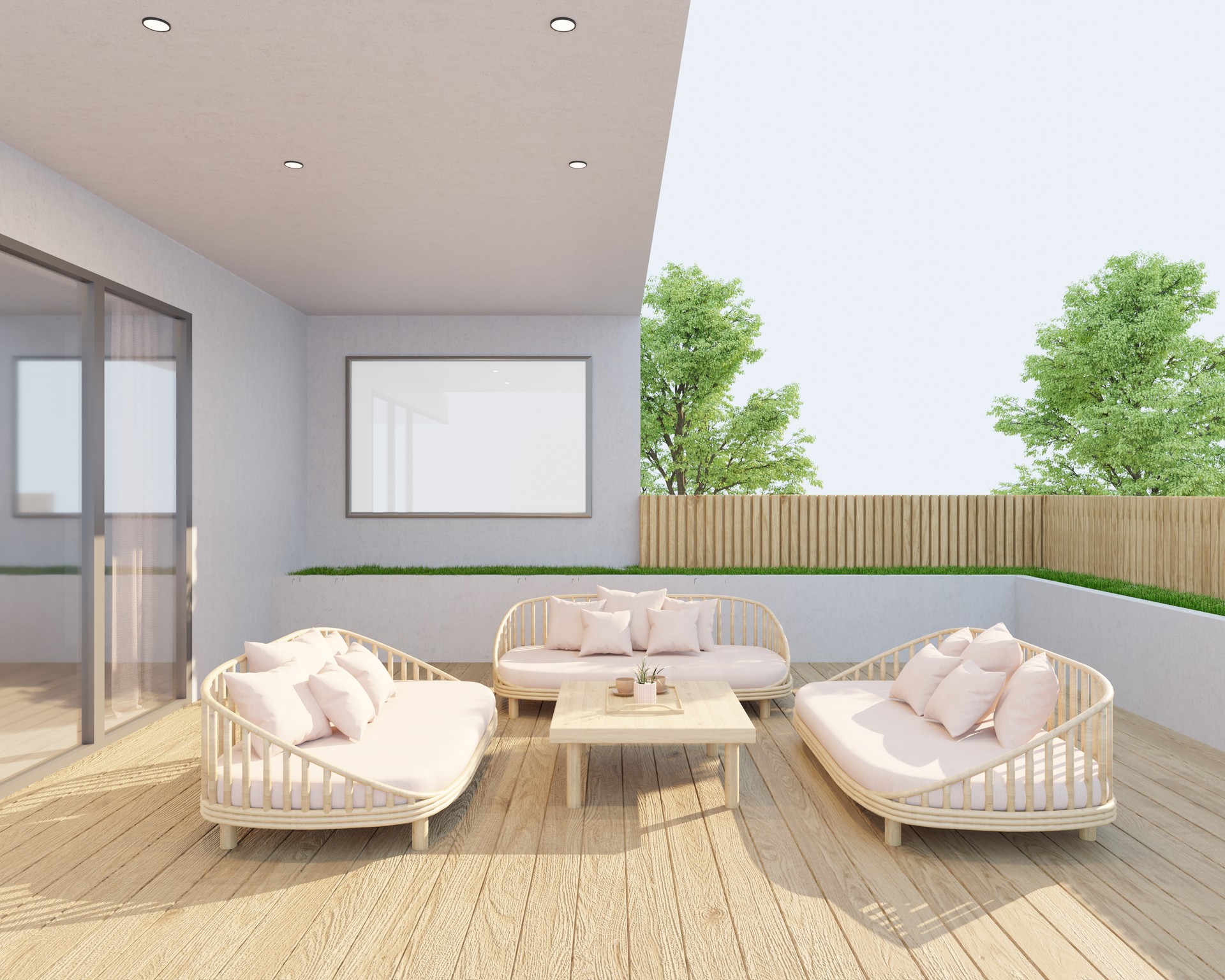 Framed blank picture on the wall with a sitting corner on the patio. With a rattan sofa on a grooved wooden floor, beige tone, minimalist or bohemian style.3d render